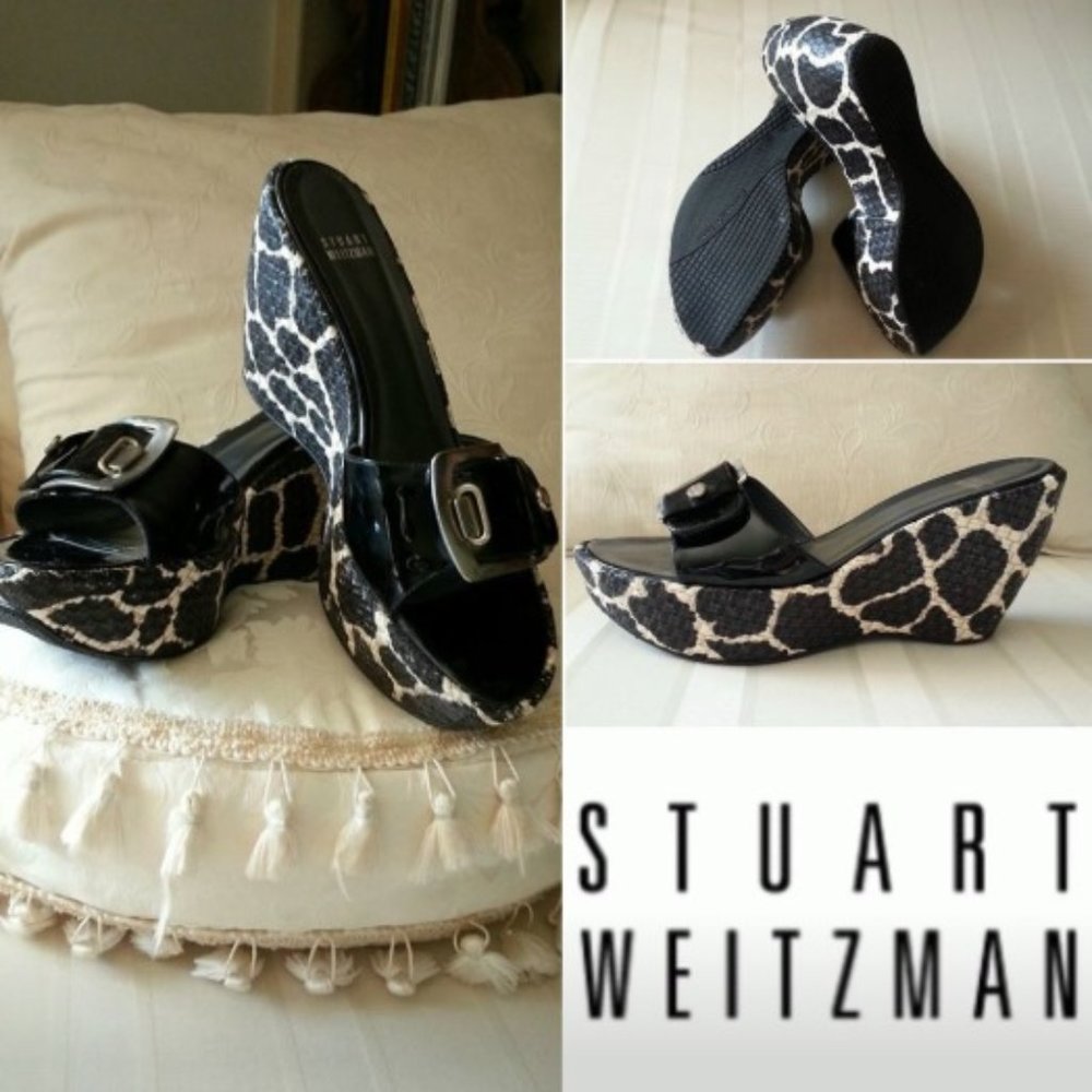 Stuart Weitzman Clipper Giraffe Platform Patent Leather Buckle Wedge
